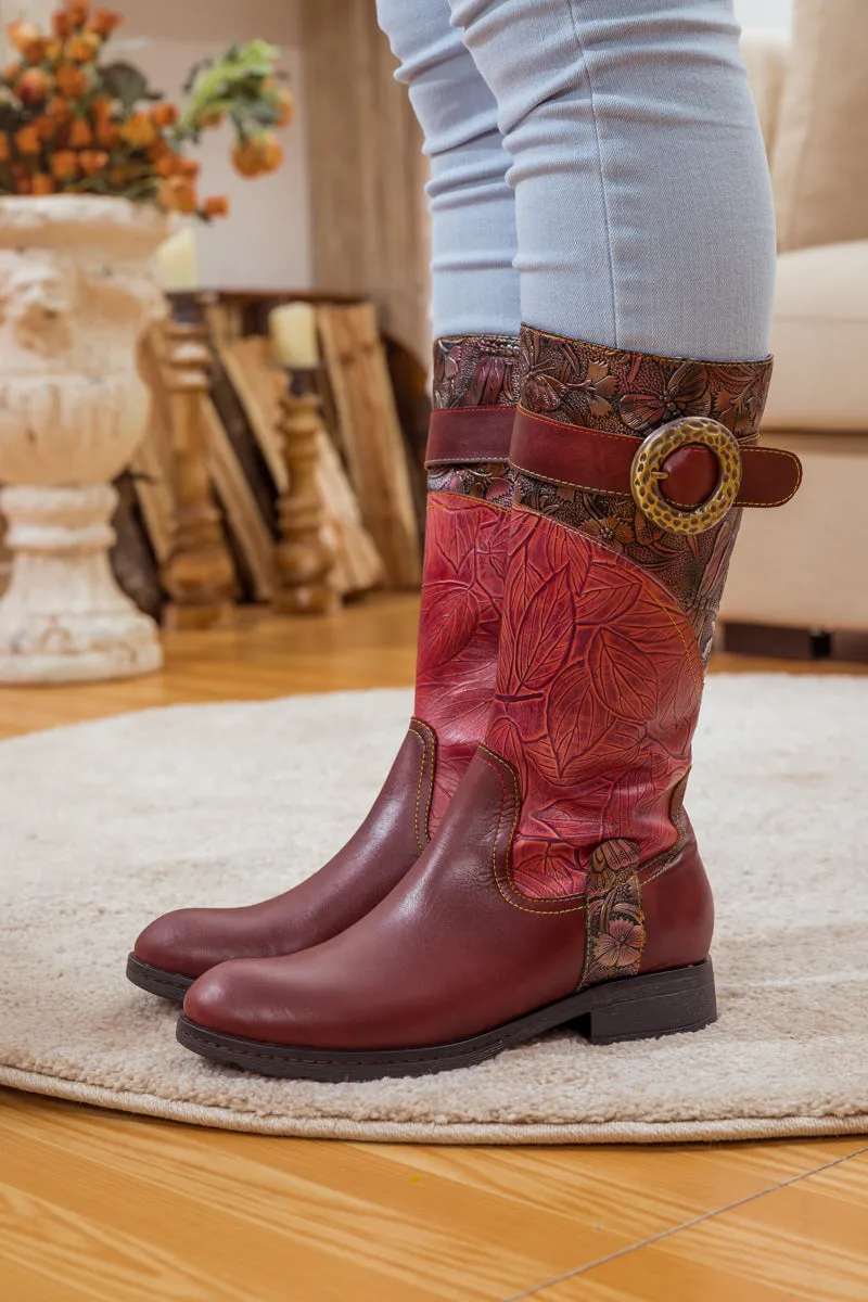 Wine Floral Embossed Leather Cowgirl Boot