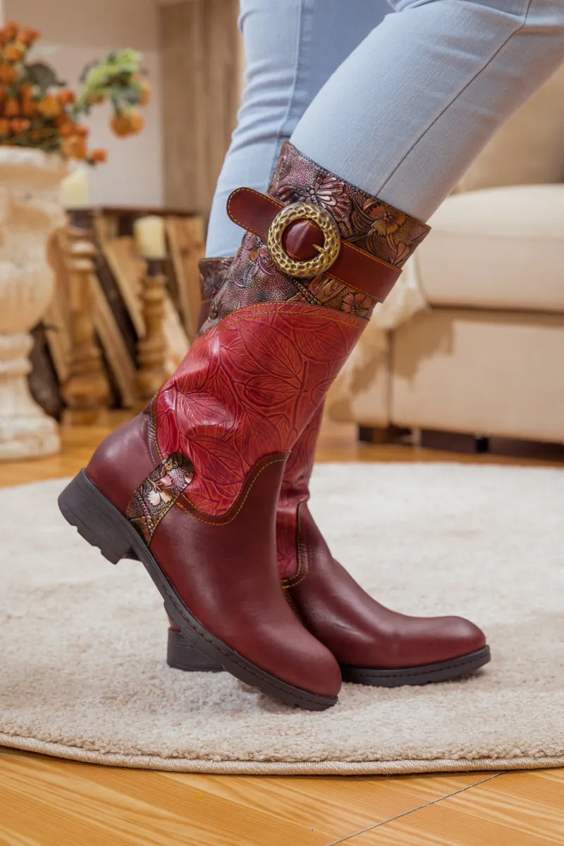 Wine Floral Embossed Leather Cowgirl Boot