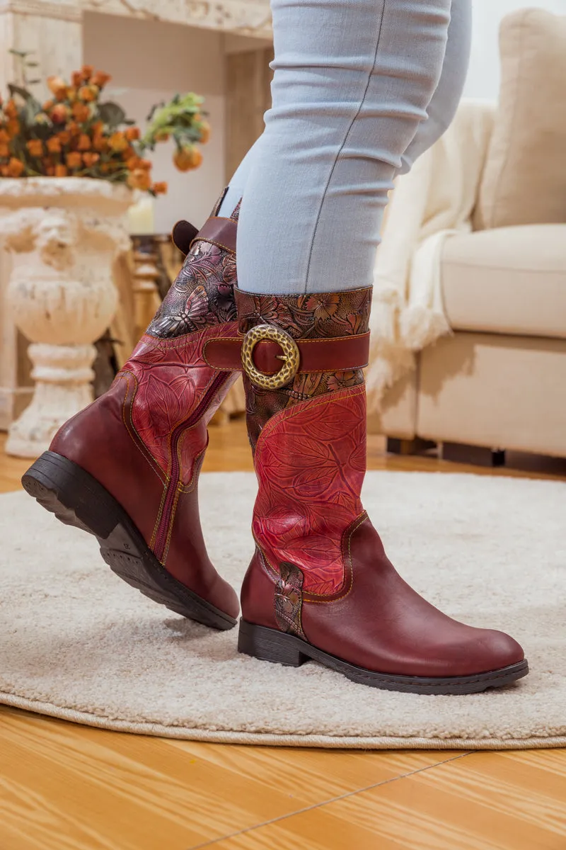 Wine Floral Embossed Leather Cowgirl Boot