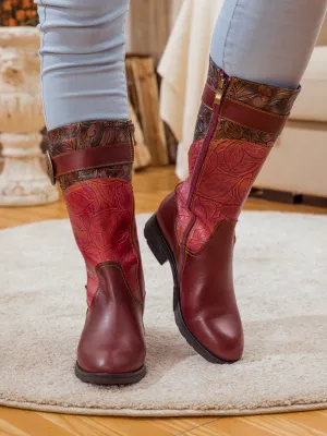 Wine Floral Embossed Leather Cowgirl Boot