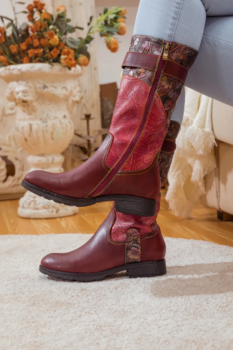 Wine Floral Embossed Leather Cowgirl Boot