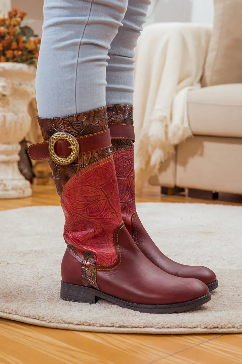 Wine Floral Embossed Leather Cowgirl Boot