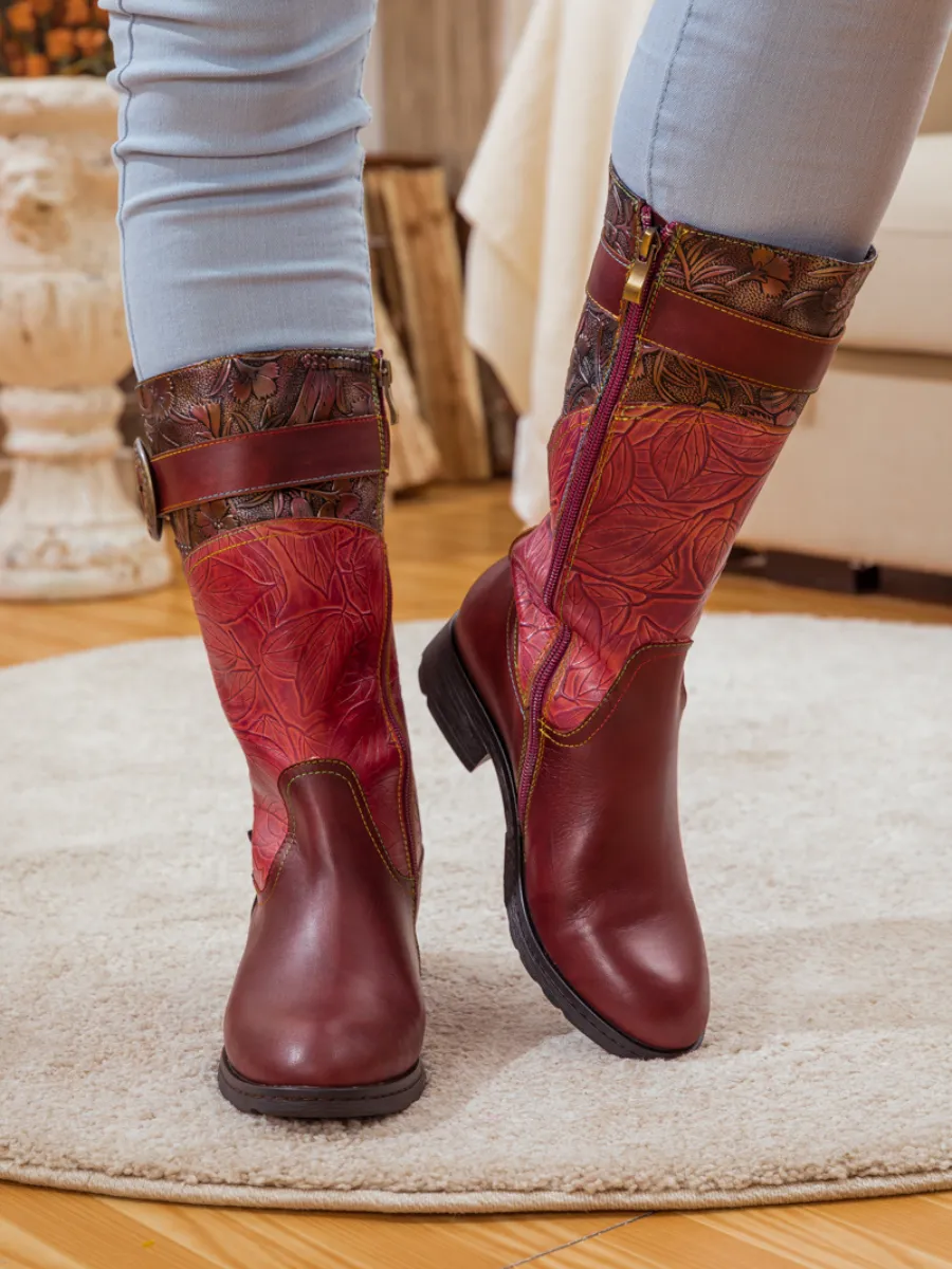 Wine Floral Embossed Leather Cowgirl Boot