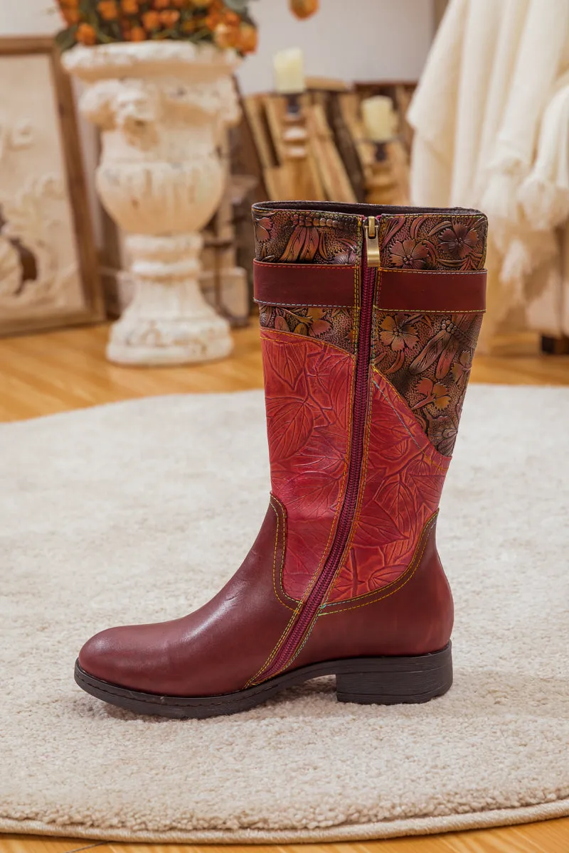 Wine Floral Embossed Leather Cowgirl Boot