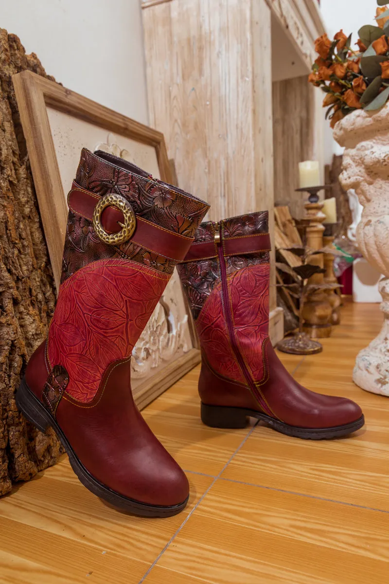 Wine Floral Embossed Leather Cowgirl Boot