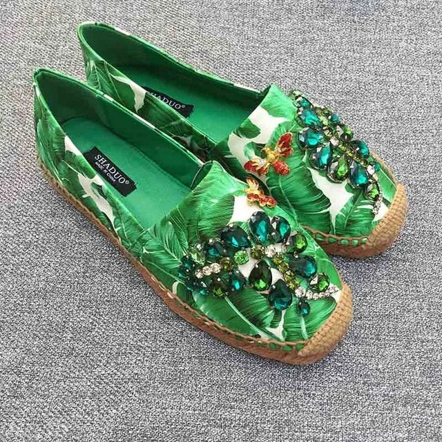 women genuine leather Banana print rhinestone casual shoes flat fisherman shoes loafers