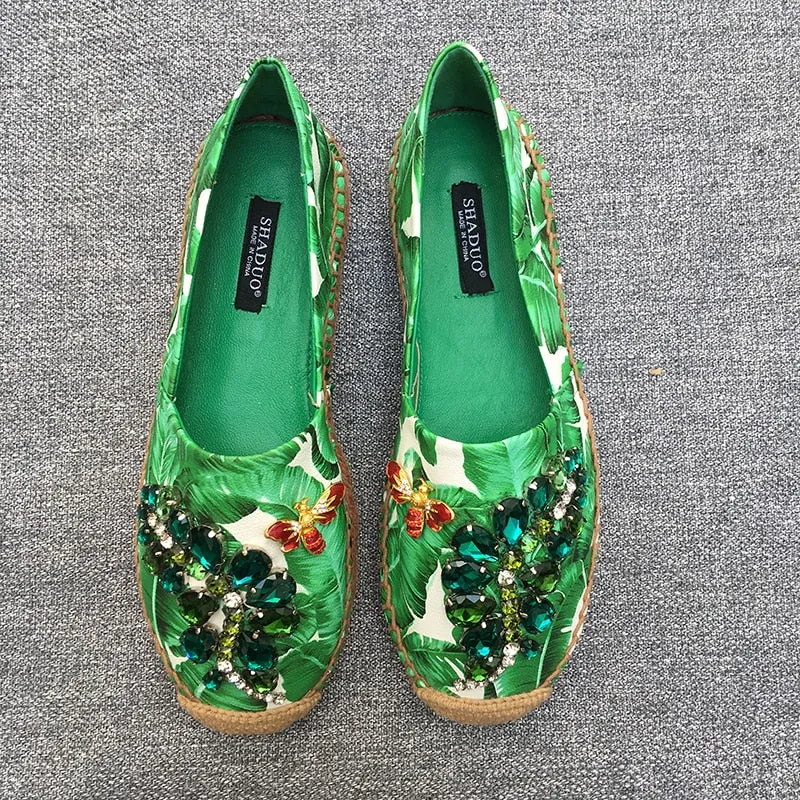 women genuine leather Banana print rhinestone casual shoes flat fisherman shoes loafers