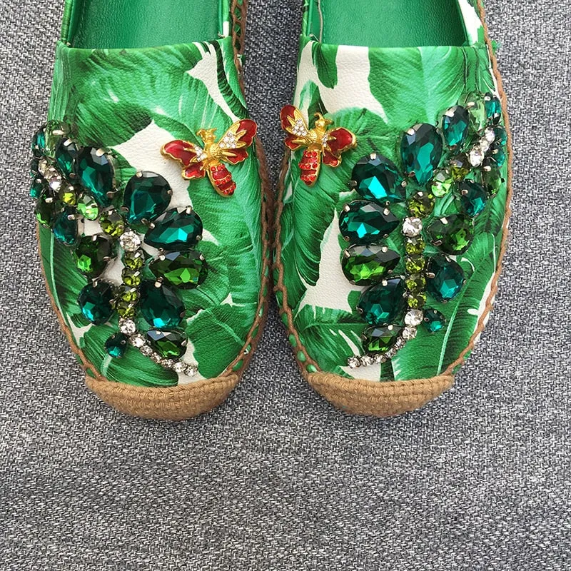 women genuine leather Banana print rhinestone casual shoes flat fisherman shoes loafers