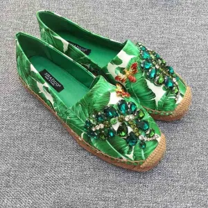 women genuine leather Banana print rhinestone casual shoes flat fisherman shoes loafers