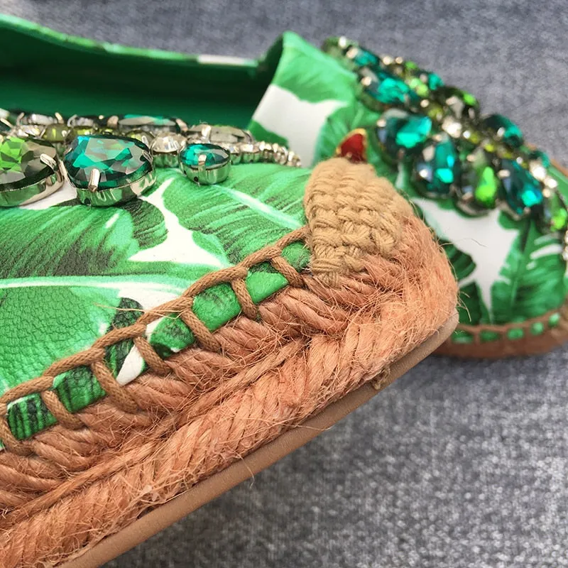 women genuine leather Banana print rhinestone casual shoes flat fisherman shoes loafers