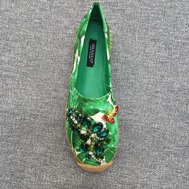 women genuine leather Banana print rhinestone casual shoes flat fisherman shoes loafers