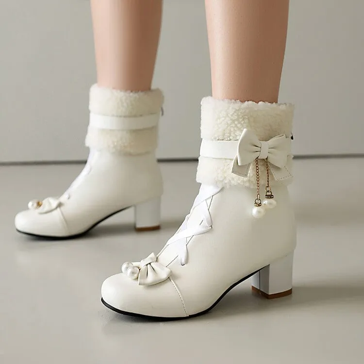 Women's Bows Round Toe Block Heel Short Boots