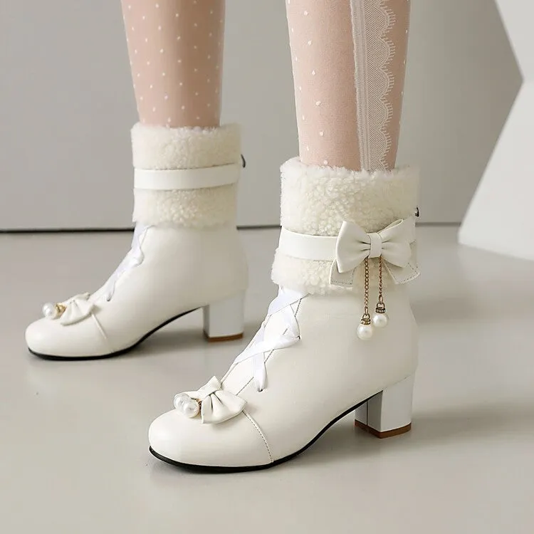 Women's Bows Round Toe Block Heel Short Boots