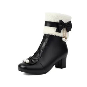 Women's Bows Round Toe Block Heel Short Boots