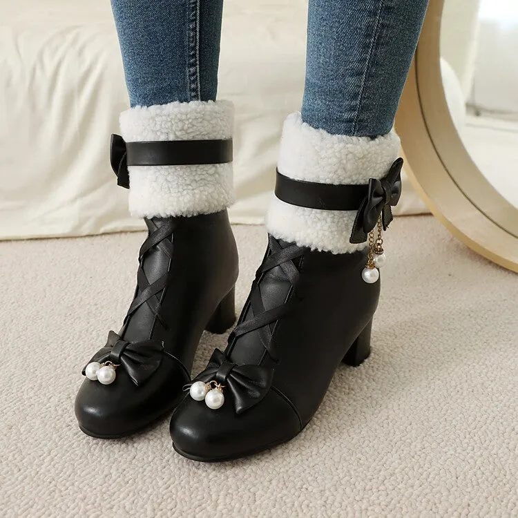 Women's Bows Round Toe Block Heel Short Boots