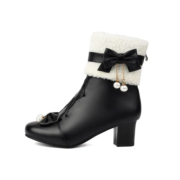 Women's Bows Round Toe Block Heel Short Boots