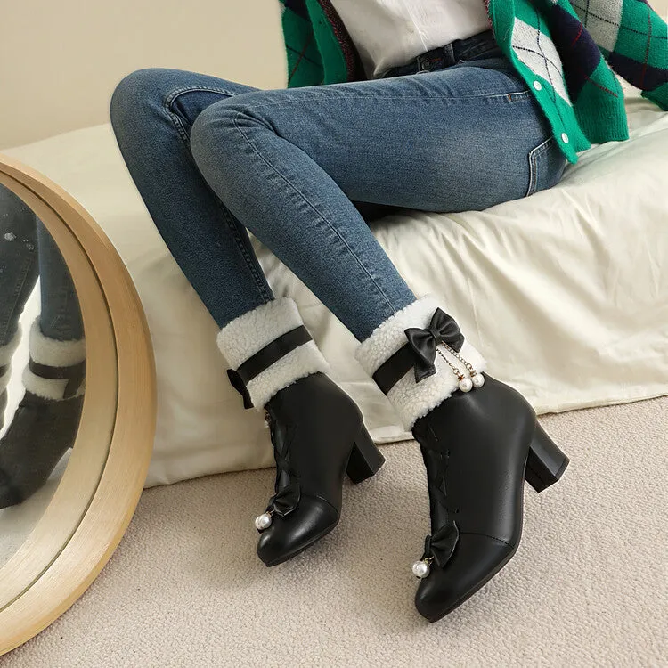 Women's Bows Round Toe Block Heel Short Boots