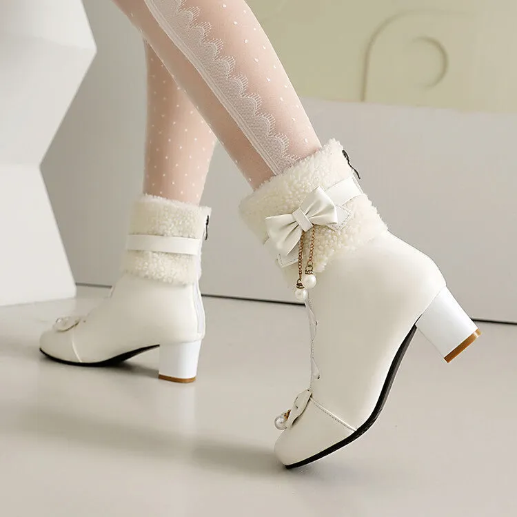 Women's Bows Round Toe Block Heel Short Boots