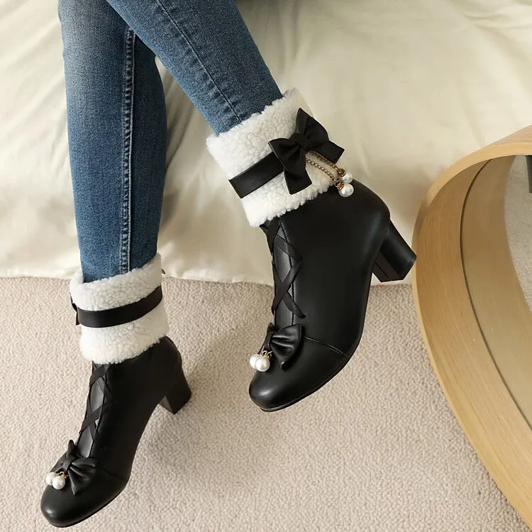 Women's Bows Round Toe Block Heel Short Boots