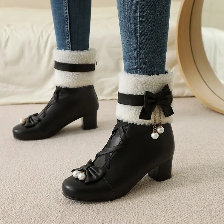 Women's Bows Round Toe Block Heel Short Boots