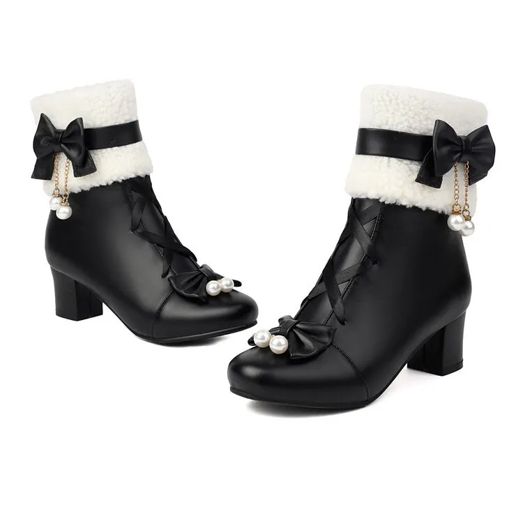 Women's Bows Round Toe Block Heel Short Boots