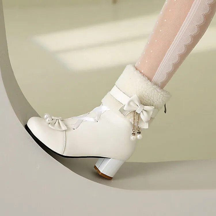 Women's Bows Round Toe Block Heel Short Boots