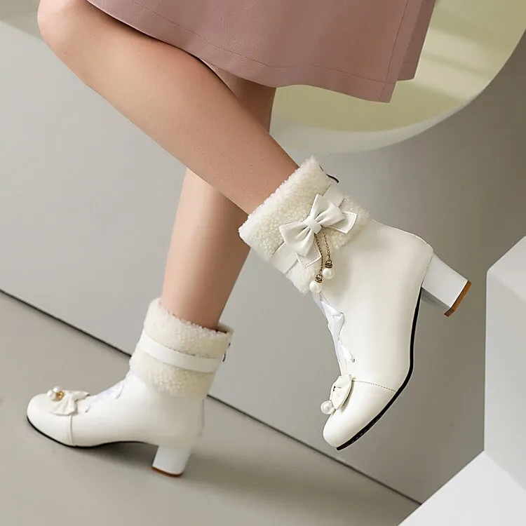 Women's Bows Round Toe Block Heel Short Boots