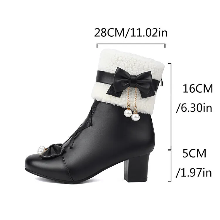 Women's Bows Round Toe Block Heel Short Boots