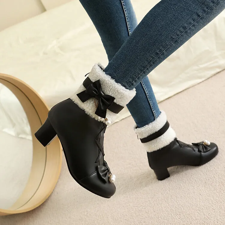 Women's Bows Round Toe Block Heel Short Boots