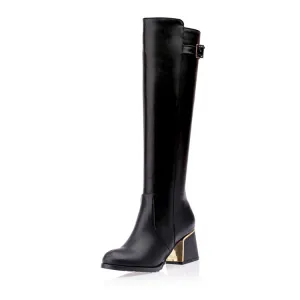 Women's Buckle Chunky High Heel Knee High Boots