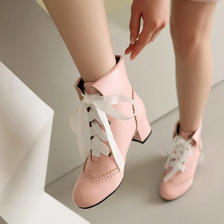Women's Lace Up Round Toe Block Heel Ankle Boots