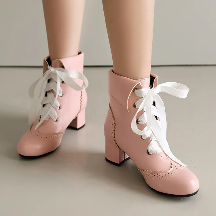 Women's Lace Up Round Toe Block Heel Ankle Boots