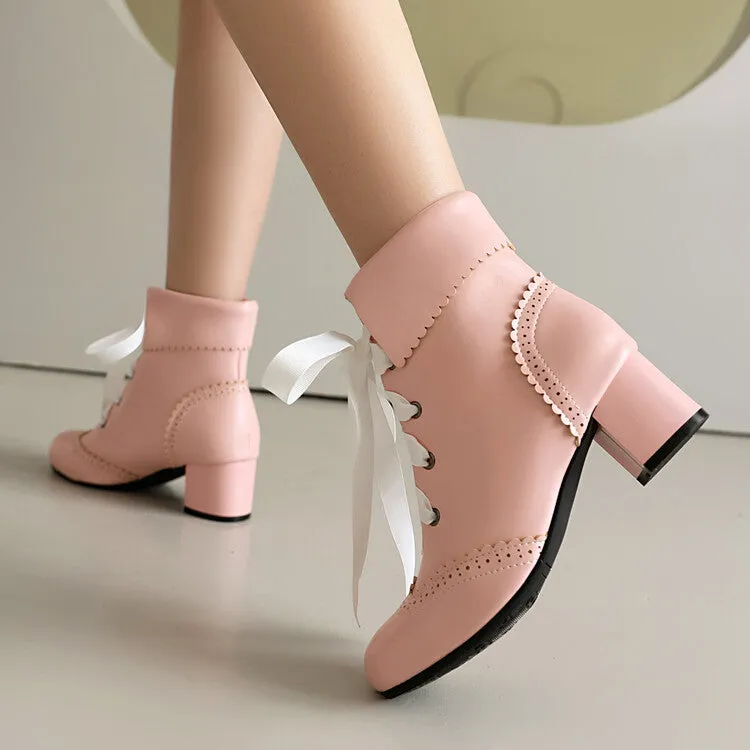 Women's Lace Up Round Toe Block Heel Ankle Boots