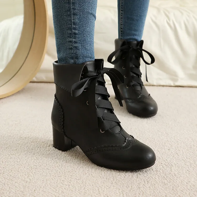 Women's Lace Up Round Toe Block Heel Ankle Boots