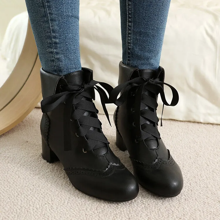 Women's Lace Up Round Toe Block Heel Ankle Boots