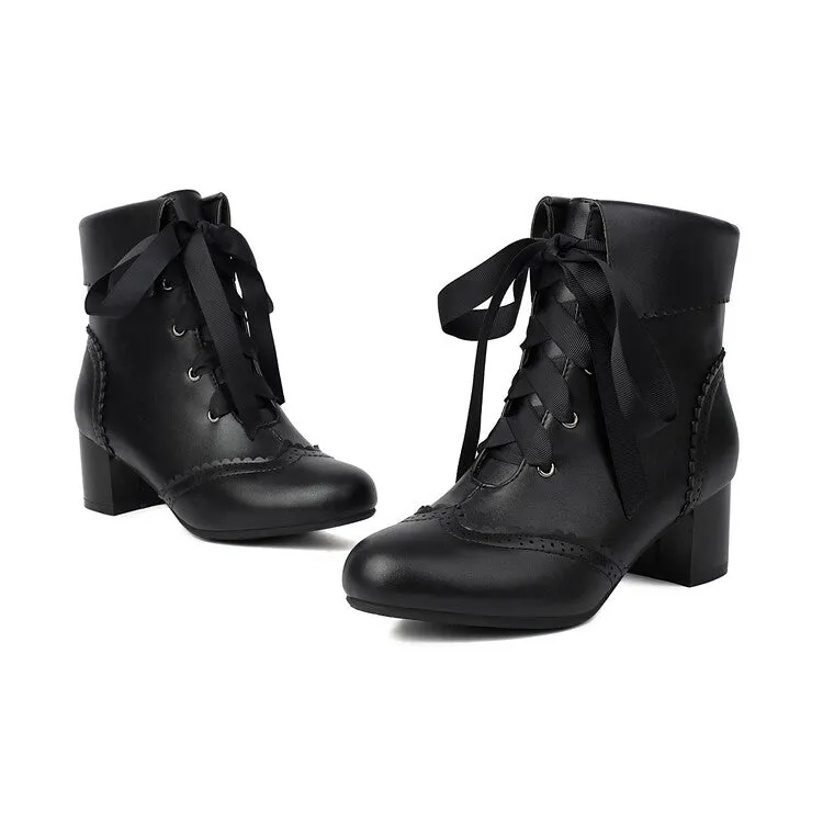 Women's Lace Up Round Toe Block Heel Ankle Boots