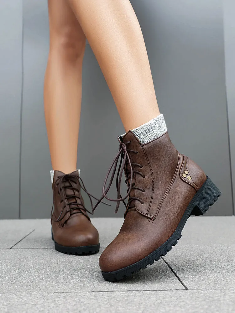 Women's Lace-Up Round Toe Low Heel Ankle Boots