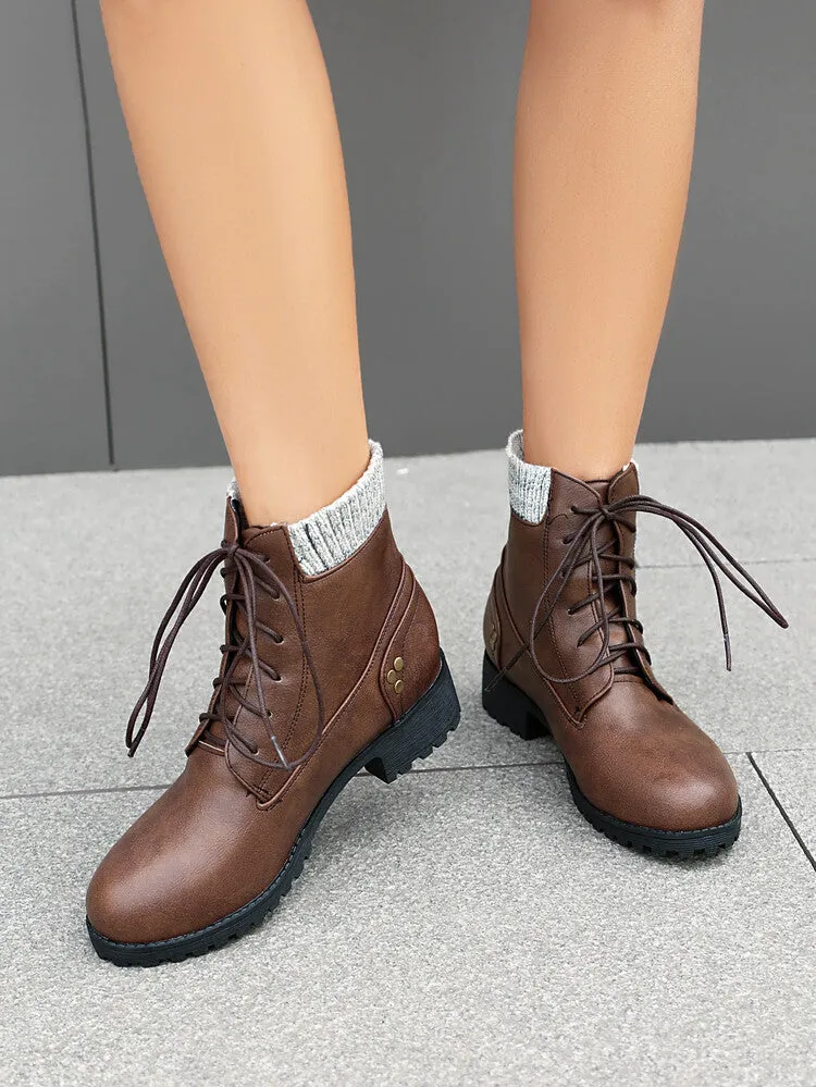 Women's Lace-Up Round Toe Low Heel Ankle Boots