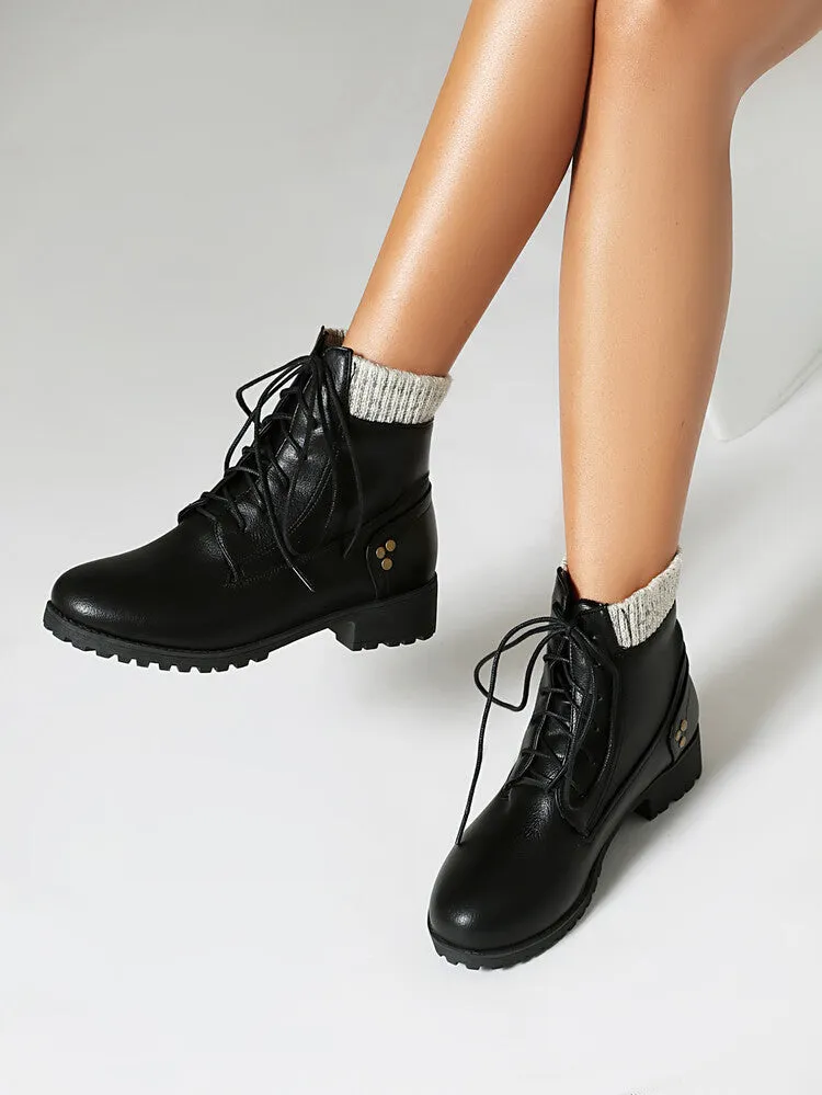 Women's Lace-Up Round Toe Low Heel Ankle Boots