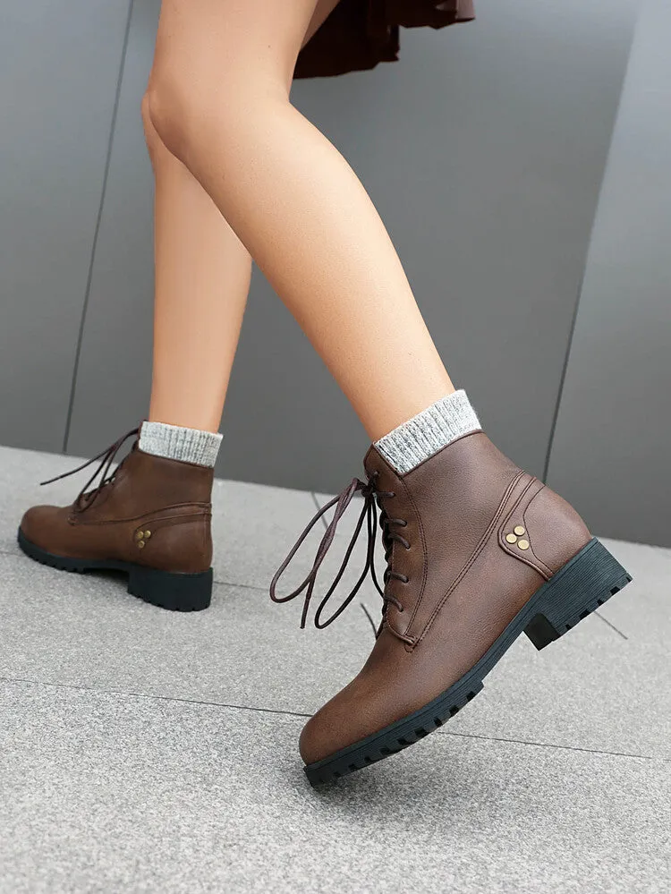 Women's Lace-Up Round Toe Low Heel Ankle Boots