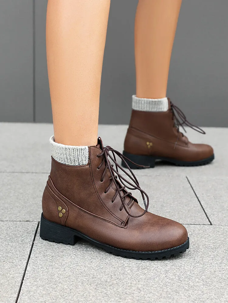 Women's Lace-Up Round Toe Low Heel Ankle Boots