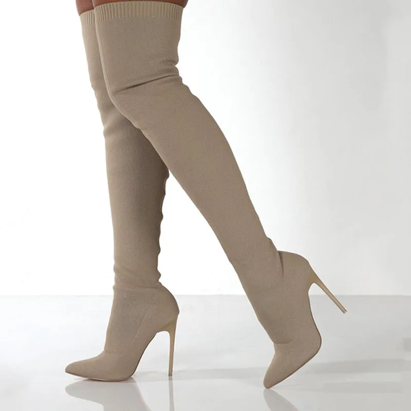 Women's Lightweight Above Knee High Heel Sock Boots