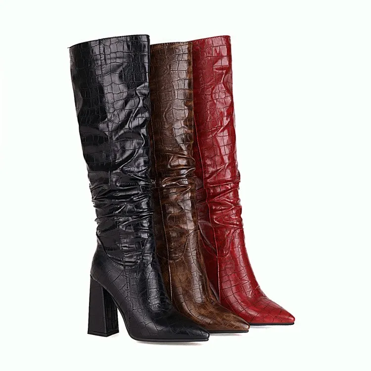 Women's Pattern Pu Leather Pointed Toe Block Heel Knee High Boots