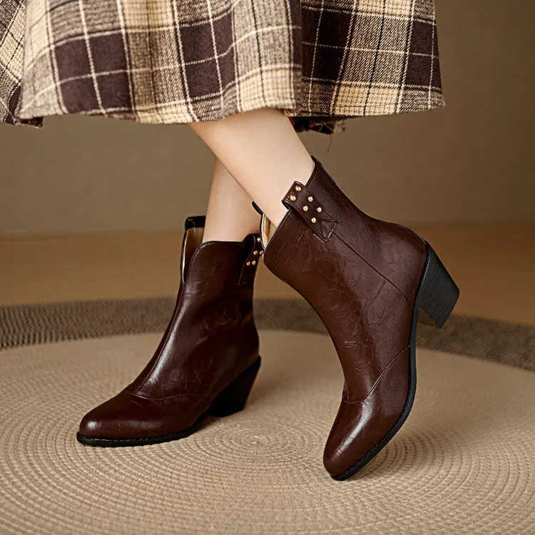 Women's Pointed Toe Square Heel Rivet Studded Ankle Boots