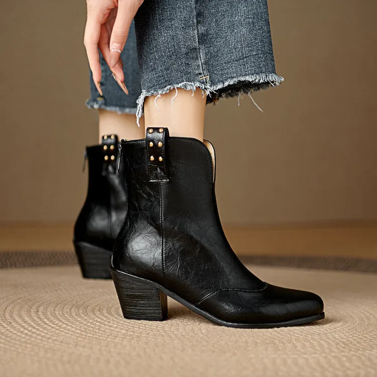 Women's Pointed Toe Square Heel Rivet Studded Ankle Boots