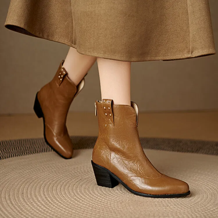 Women's Pointed Toe Square Heel Rivet Studded Ankle Boots