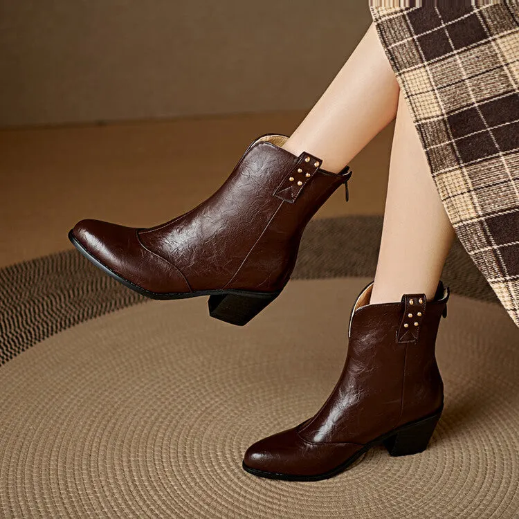 Women's Pointed Toe Square Heel Rivet Studded Ankle Boots