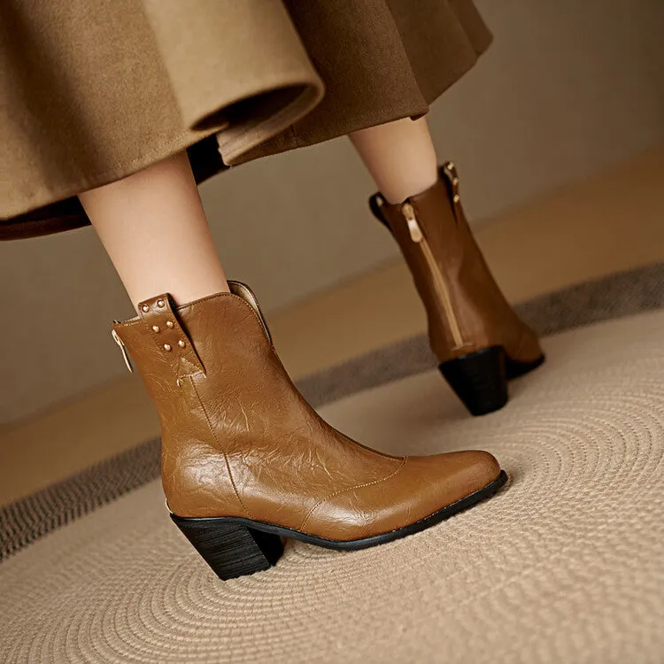 Women's Pointed Toe Square Heel Rivet Studded Ankle Boots