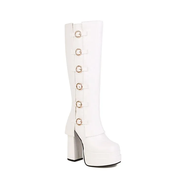 Women's Pu Leather Round Toe Buckles Belts Chunky Heel Platform Knee High Boots