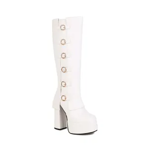 Women's Pu Leather Round Toe Buckles Belts Chunky Heel Platform Knee High Boots